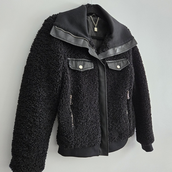 Other - Black Sherpa Jacket with Leather Accents